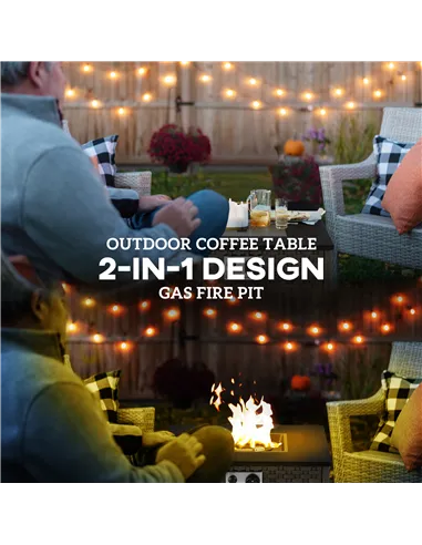 Outsunny Rattan Gas Fire Pit Table for Garden, 13 KW Smokeless Propane Fire Pit with Lid, Square Garden Coffee Table with Patio 