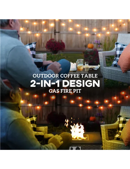 Outsunny Rattan Gas Fire Pit Table for Garden, 13 KW Smokeless Propane Fire Pit with Lid, Square Garden Coffee Table with Patio 