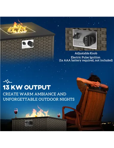 Outsunny Rattan Gas Fire Pit Table for Garden, 13 KW Smokeless Propane Fire Pit with Lid, Square Garden Coffee Table with Patio 