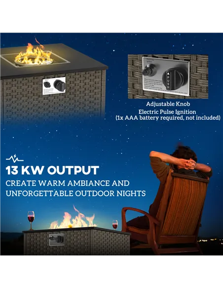 Outsunny Rattan Gas Fire Pit Table for Garden, 13 KW Smokeless Propane Fire Pit with Lid, Square Garden Coffee Table with Patio 