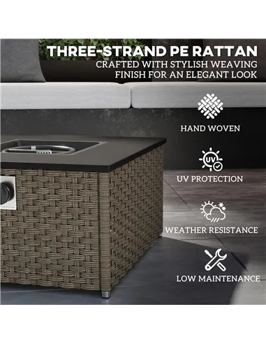 Outsunny Rattan Gas Fire Pit Table for Garden, 13 KW Smokeless Propane Fire Pit with Lid, Square Garden Coffee Table with Patio 