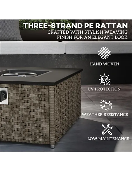 Outsunny Rattan Gas Fire Pit Table for Garden, 13 KW Smokeless Propane Fire Pit with Lid, Square Garden Coffee Table with Patio 