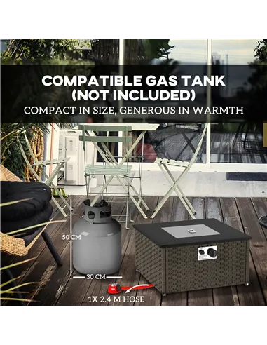 Outsunny Rattan Gas Fire Pit Table for Garden, 13 KW Smokeless Propane Fire Pit with Lid, Square Garden Coffee Table with Patio 