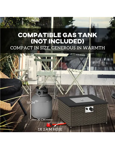 Outsunny Rattan Gas Fire Pit Table for Garden, 13 KW Smokeless Propane Fire Pit with Lid, Square Garden Coffee Table with Patio 