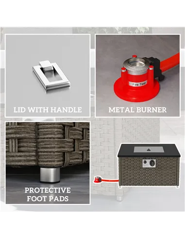 Outsunny Rattan Gas Fire Pit Table for Garden, 13 KW Smokeless Propane Fire Pit with Lid, Square Garden Coffee Table with Patio 