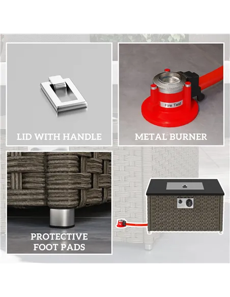 Outsunny Rattan Gas Fire Pit Table for Garden, 13 KW Smokeless Propane Fire Pit with Lid, Square Garden Coffee Table with Patio 