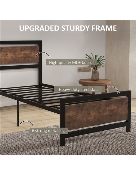 HOMCOM Single Size Metal Bed Frame with Headboard & Footboard, Strong Slat Support Solid Bedstead Base w/ Underbed Storage Space