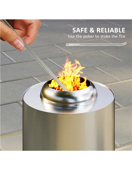 Outsunny Smokeless Fire Pit, 16 x 16 cm Stainless Steel Portable Wood Burning Firepit with Poker, Wood or Pellet Fuelled Tableto