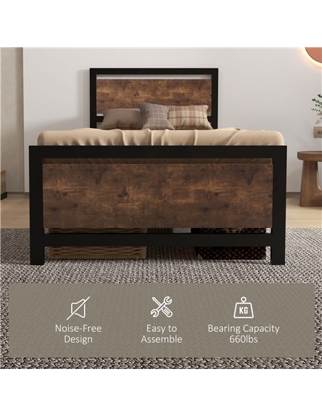 HOMCOM Single Size Metal Bed Frame with Headboard & Footboard, Strong Slat Support Solid Bedstead Base w/ Underbed Storage Space