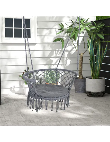 Outsunny Outdoor Hanging Rope Chair with Cotton Rope, Cotton-Polyester Blend Macrame Garden Hammock Chair with Seat Cushion, Sup