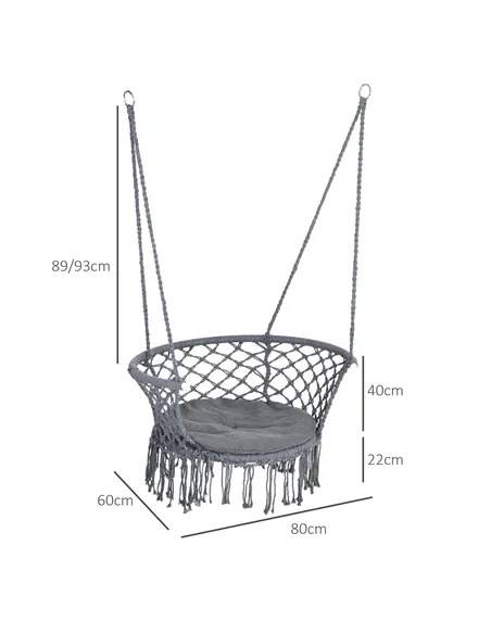 Outsunny Outdoor Hanging Rope Chair with Cotton Rope, Cotton-Polyester Blend Macrame Garden Hammock Chair with Seat Cushion, Sup