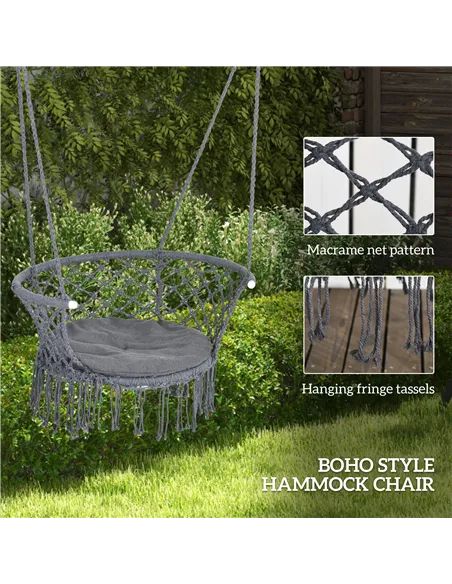 Outsunny Outdoor Hanging Rope Chair with Cotton Rope, Cotton-Polyester Blend Macrame Garden Hammock Chair with Seat Cushion, Sup