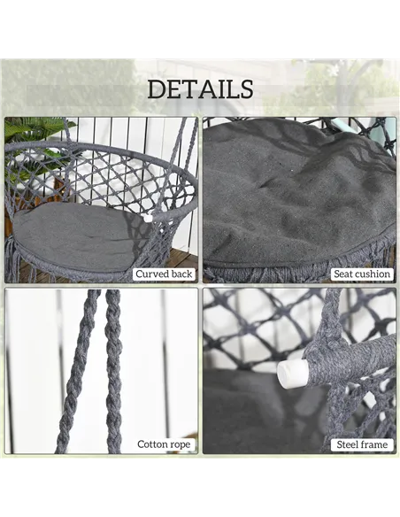 Outsunny Outdoor Hanging Rope Chair with Cotton Rope, Cotton-Polyester Blend Macrame Garden Hammock Chair with Seat Cushion, Sup