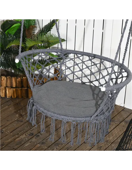 Outsunny Outdoor Hanging Rope Chair with Cotton Rope, Cotton-Polyester Blend Macrame Garden Hammock Chair with Seat Cushion, Sup