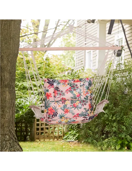 Outsunny Garden Outdoor Hanging Hammock Chair Thick Rope Frame Wooden Arms Safe Wide Seat Garden Outdoor Spot Stylish Multicolou