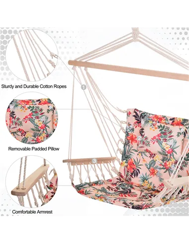 Outsunny Garden Outdoor Hanging Hammock Chair Thick Rope Frame Wooden Arms Safe Wide Seat Garden Outdoor Spot Stylish Multicolou