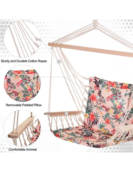 Outsunny Garden Outdoor Hanging Hammock Chair Thick Rope Frame Wooden Arms Safe Wide Seat Garden Outdoor Spot Stylish Multicolou