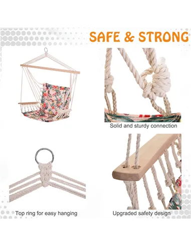 Outsunny Garden Outdoor Hanging Hammock Chair Thick Rope Frame Wooden Arms Safe Wide Seat Garden Outdoor Spot Stylish Multicolou