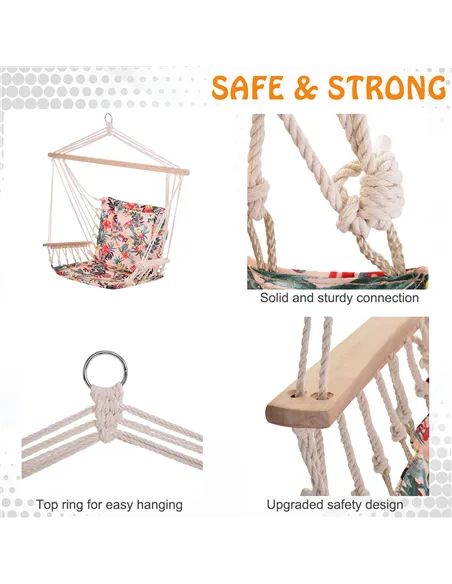 Outsunny Garden Outdoor Hanging Hammock Chair Thick Rope Frame Wooden Arms Safe Wide Seat Garden Outdoor Spot Stylish Multicolou