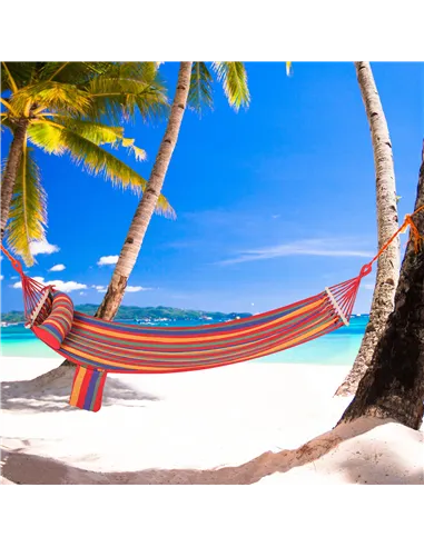 Outsunny Cotton Hammock Soft Portable Swing Sleeping w/ Headrest & Side Pocket Deluxe Swing Chair for Beach, Yard, Bedroom, Pati