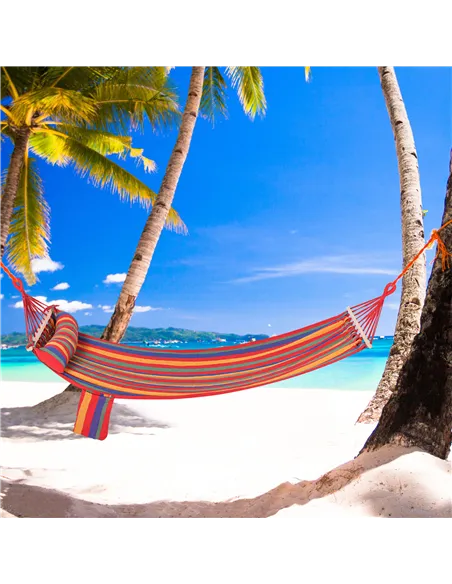 Outsunny Cotton Hammock Soft Portable Swing Sleeping w/ Headrest & Side Pocket Deluxe Swing Chair for Beach, Yard, Bedroom, Pati