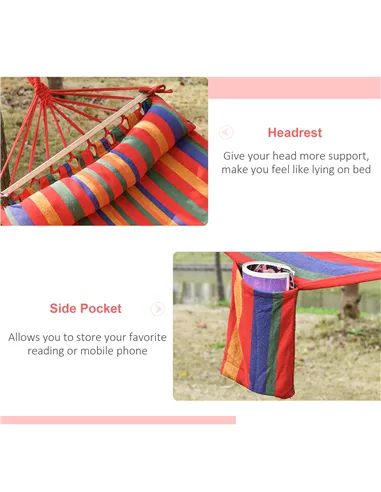 Outsunny Cotton Hammock Soft Portable Swing Sleeping w/ Headrest & Side Pocket Deluxe Swing Chair for Beach, Yard, Bedroom, Pati