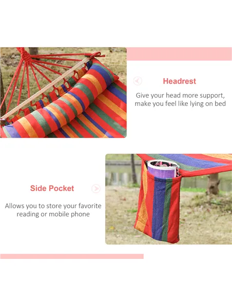 Outsunny Cotton Hammock Soft Portable Swing Sleeping w/ Headrest & Side Pocket Deluxe Swing Chair for Beach, Yard, Bedroom, Pati