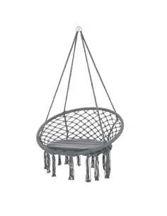 Outsunny Outdoor Cotton-Polyester Blend Macrame Hanging Rope Chair with Cushion, Portable Garden Chair with Fringe Tassels for P