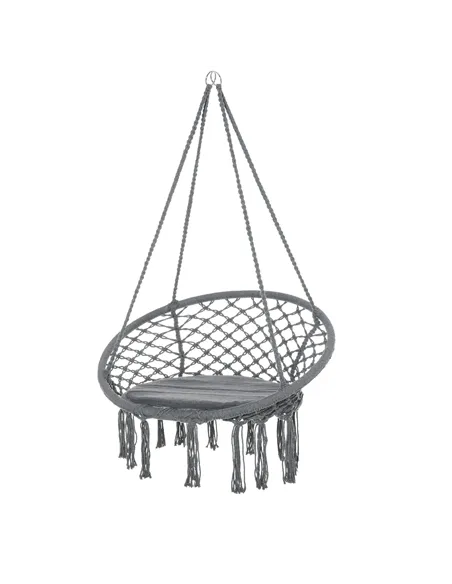 Outsunny Outdoor Cotton-Polyester Blend Macrame Hanging Rope Chair with Cushion, Portable Garden Chair with Fringe Tassels for P