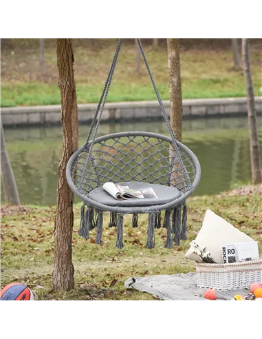 Outsunny Outdoor Cotton-Polyester Blend Macrame Hanging Rope Chair with Cushion, Portable Garden Chair with Fringe Tassels for P