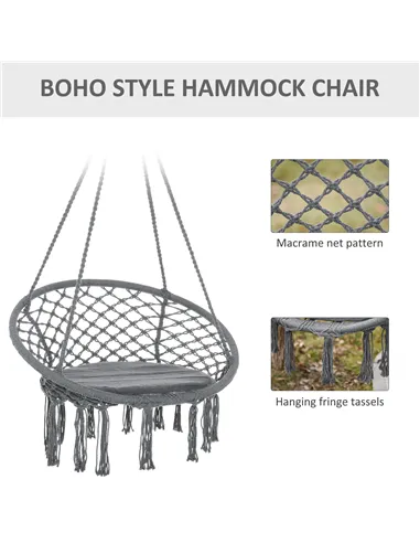 Outsunny Outdoor Cotton-Polyester Blend Macrame Hanging Rope Chair with Cushion, Portable Garden Chair with Fringe Tassels for P