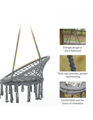 Outsunny Outdoor Cotton-Polyester Blend Macrame Hanging Rope Chair with Cushion, Portable Garden Chair with Fringe Tassels for P