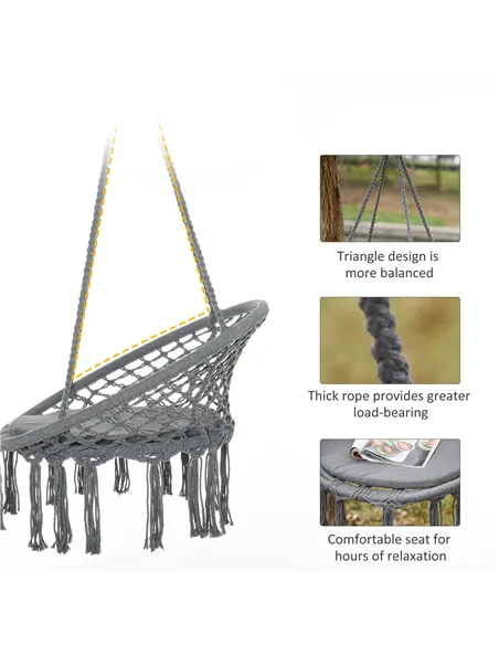 Outsunny Outdoor Cotton-Polyester Blend Macrame Hanging Rope Chair with Cushion, Portable Garden Chair with Fringe Tassels for P
