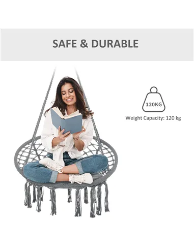 Outsunny Outdoor Cotton-Polyester Blend Macrame Hanging Rope Chair with Cushion, Portable Garden Chair with Fringe Tassels for P