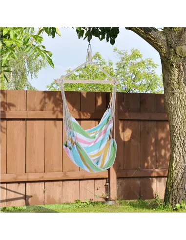 Outsunny Outdoor Hanging Rope Chair with Cotton Rope, Garden Hammock Chair with Wooden Support Bar Cotton Cloth, Portable Garden