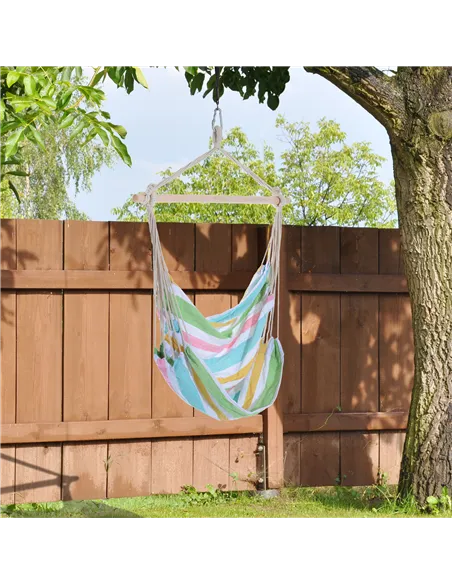 Outsunny Outdoor Hanging Rope Chair with Cotton Rope, Garden Hammock Chair with Wooden Support Bar Cotton Cloth, Portable Garden