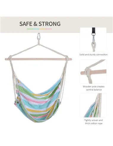 Outsunny Outdoor Hanging Rope Chair with Cotton Rope, Garden Hammock Chair with Wooden Support Bar Cotton Cloth, Portable Garden