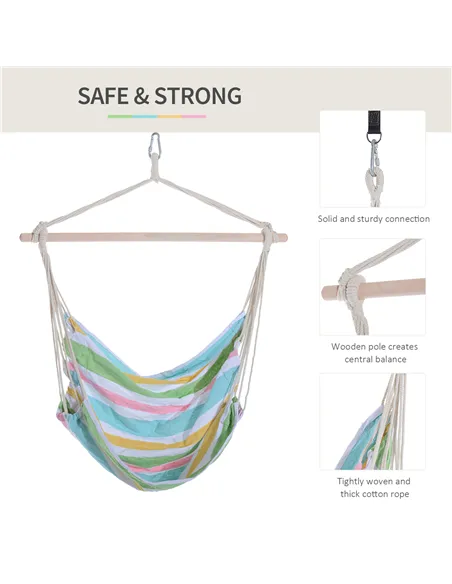 Outsunny Outdoor Hanging Rope Chair with Cotton Rope, Garden Hammock Chair with Wooden Support Bar Cotton Cloth, Portable Garden