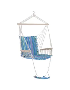 Outsunny Hanging Rope Chair with Soft Padded Seat & Backrest, Portable Garden Hammoc Chair with Wooden Support Bar, Armrests, Co
