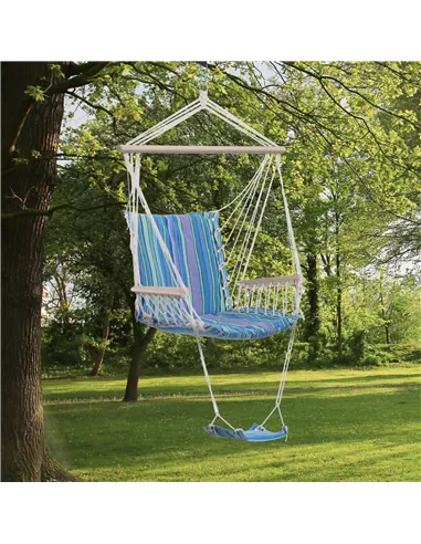 Outsunny Hanging Rope Chair with Soft Padded Seat & Backrest, Portable Garden Hammoc Chair with Wooden Support Bar, Armrests, Co