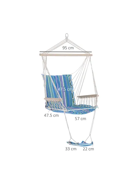 Outsunny Hanging Rope Chair with Soft Padded Seat & Backrest, Portable Garden Hammoc Chair with Wooden Support Bar, Armrests, Co