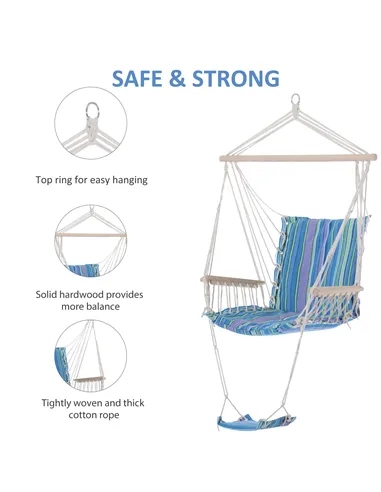 Outsunny Hanging Rope Chair with Soft Padded Seat & Backrest, Portable Garden Hammoc Chair with Wooden Support Bar, Armrests, Co