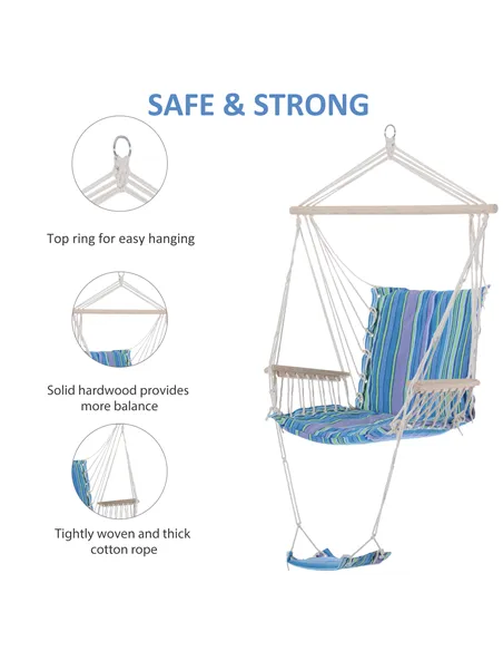 Outsunny Hanging Rope Chair with Soft Padded Seat & Backrest, Portable Garden Hammoc Chair with Wooden Support Bar, Armrests, Co
