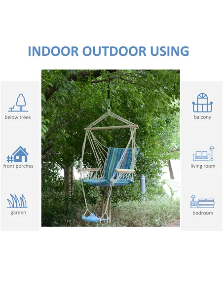 Outsunny Hanging Rope Chair with Soft Padded Seat & Backrest, Portable Garden Hammoc Chair with Wooden Support Bar, Armrests, Co