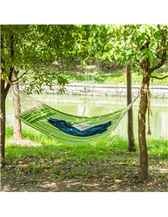 Outsunny Double Cotton Hammock Camping Swing Outdoor Garden Beach Stripe Hanging Bed with Pillow, 188 x 140 cm, 180 KG Capacity, 2