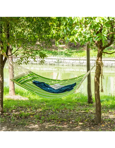 Outsunny Double Cotton Hammock Camping Swing Outdoor Garden Beach Stripe Hanging Bed with Pillow, 188 x 140 cm, 180 KG Capacity,