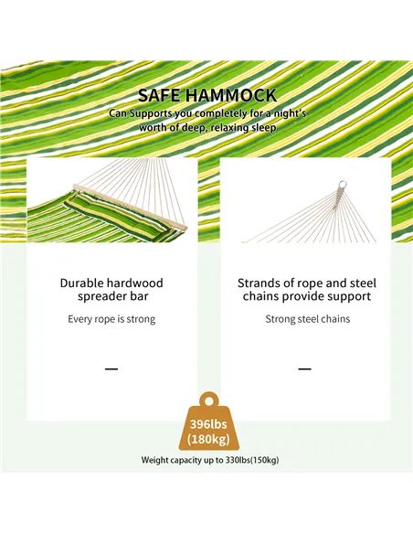Outsunny Double Cotton Hammock Camping Swing Outdoor Garden Beach Stripe Hanging Bed with Pillow, 188 x 140 cm, 180 KG Capacity,