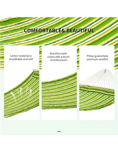 Outsunny Double Cotton Hammock Camping Swing Outdoor Garden Beach Stripe Hanging Bed with Pillow, 188 x 140 cm, 180 KG Capacity,