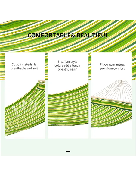 Outsunny Double Cotton Hammock Camping Swing Outdoor Garden Beach Stripe Hanging Bed with Pillow, 188 x 140 cm, 180 KG Capacity,