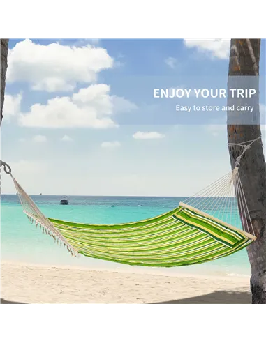 Outsunny Double Cotton Hammock Camping Swing Outdoor Garden Beach Stripe Hanging Bed with Pillow, 188 x 140 cm, 180 KG Capacity,